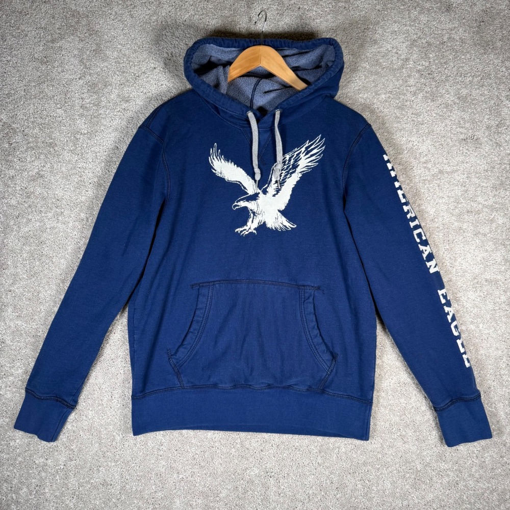 Y2K American Eagle Men's M Navy Blue Graphic Eagle Logo Pullover Hoodie